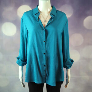 Adrianna Papell Women sz M V-Neck Turquoise Blue Long Sleeve Roll Tab Blouse
